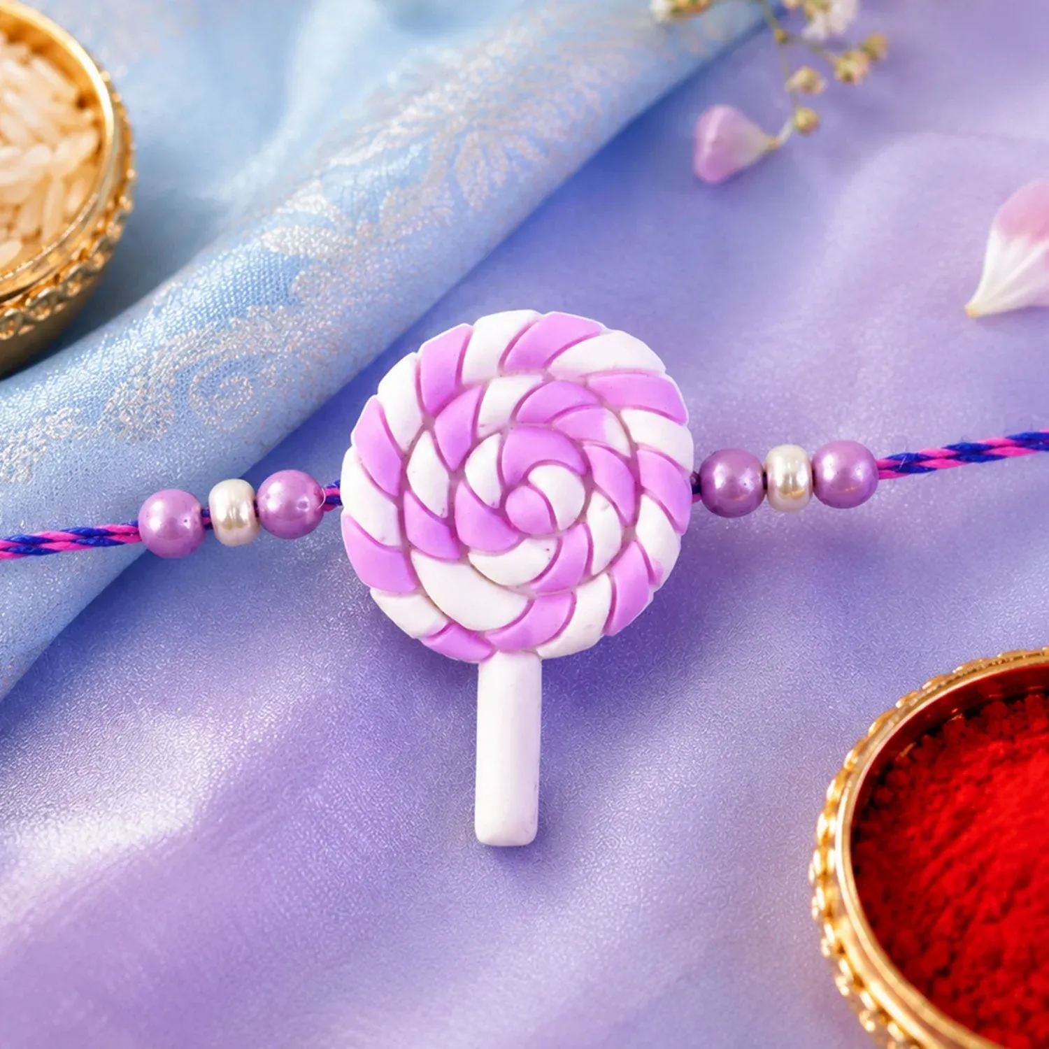 Kids Rakhi for Brother – Swirl Lollipop Pearl Beaded Design - Detailed Feature View 2