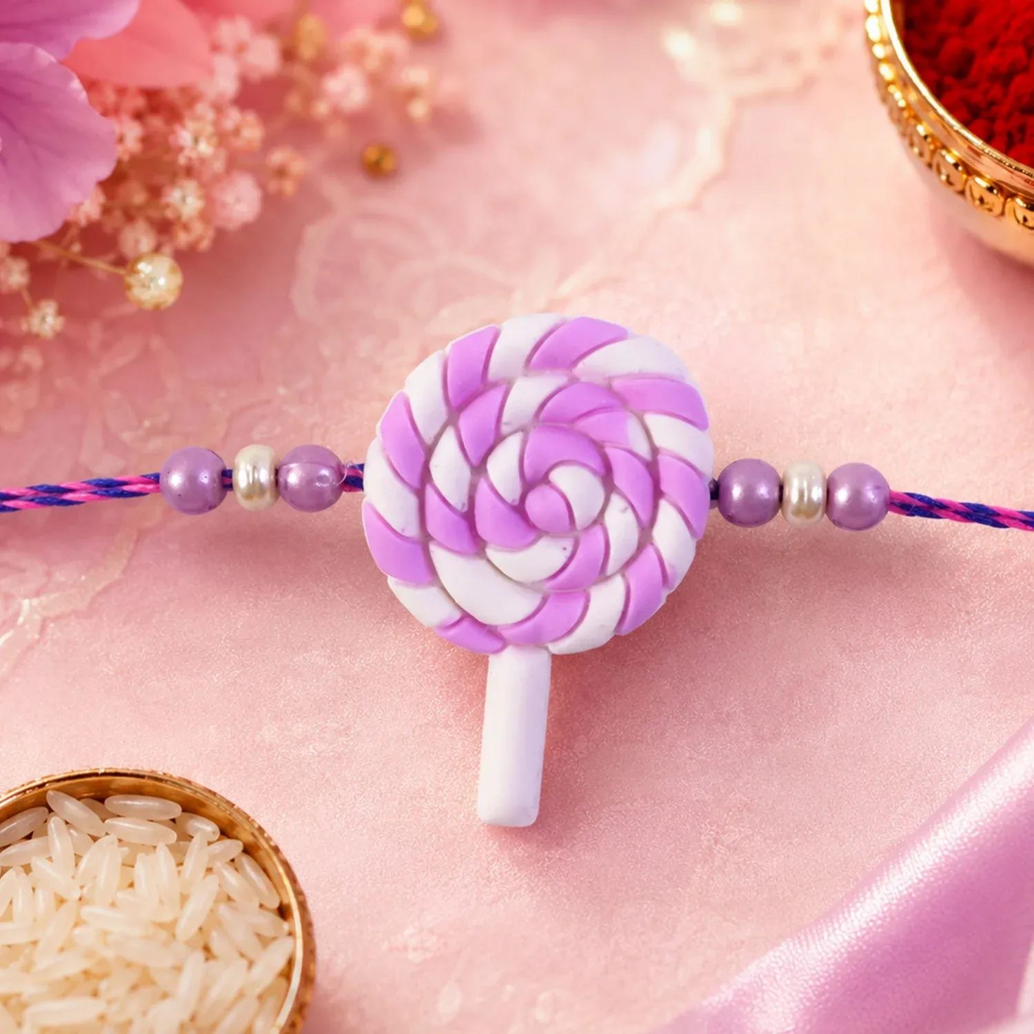 Kids Rakhi for Brother – Swirl Lollipop Pearl Beaded Design - Detailed Feature View 3