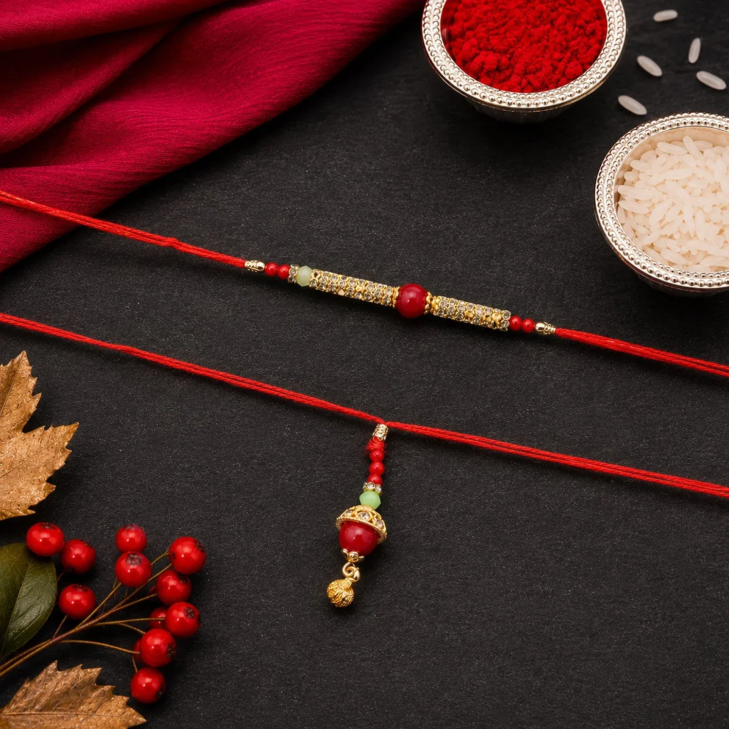 Premium Premium Bhabhi Lumba Rakhi – Elegant red pearl design with golden charm for Raksha Bandhan - Buy Online at Alikart
