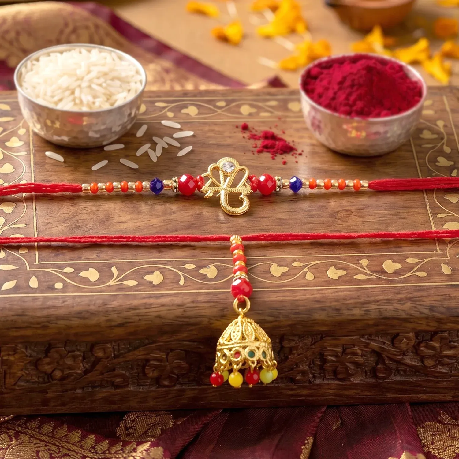 Premium Rakhi – Elegant Jhumka Latkan with Traditional Charm Bhabhi Lumba Rakhi - Detailed Feature View 3