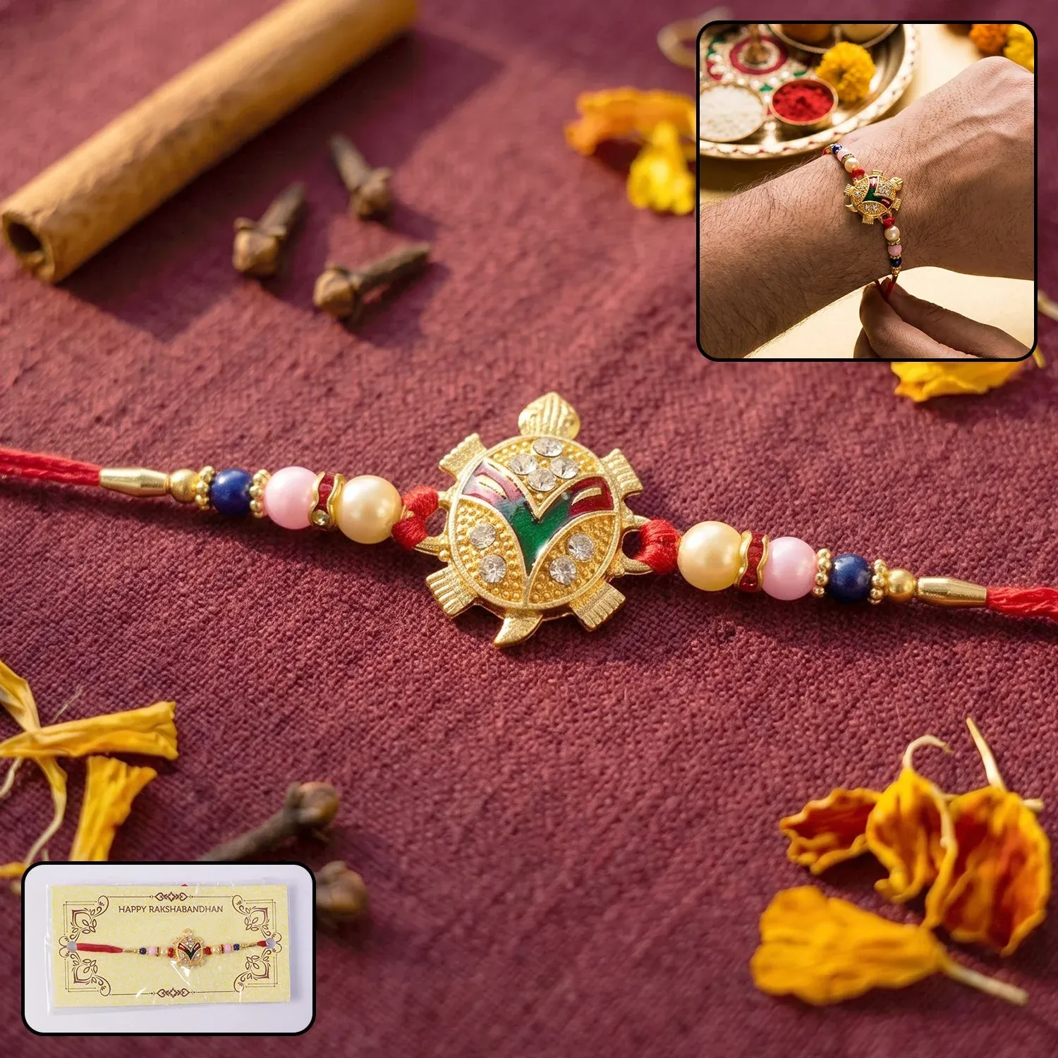 Premium Golden Turtle Rakhi – Elegant Pearl Beads & Soft Thread for Raksha Bandhan - Buy Online at Alikart