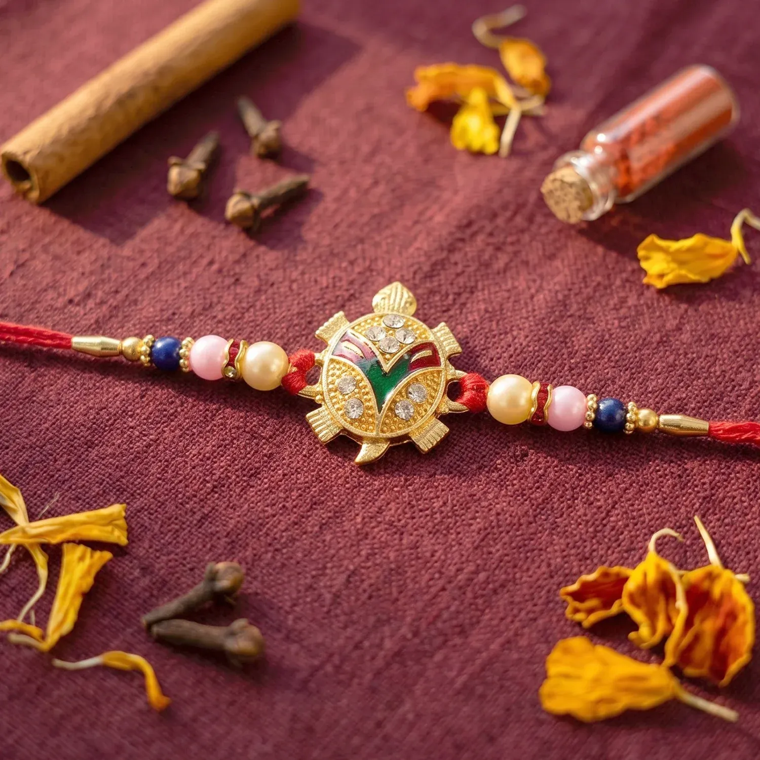 Golden Turtle Rakhi – Elegant Pearl Beads & Soft Thread for Raksha Bandhan - Detailed Feature View 1