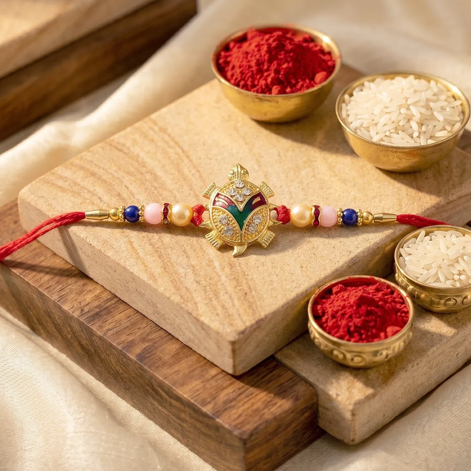 Golden Turtle Rakhi – Elegant Pearl Beads & Soft Thread for Raksha Bandhan - Detailed Feature View 2