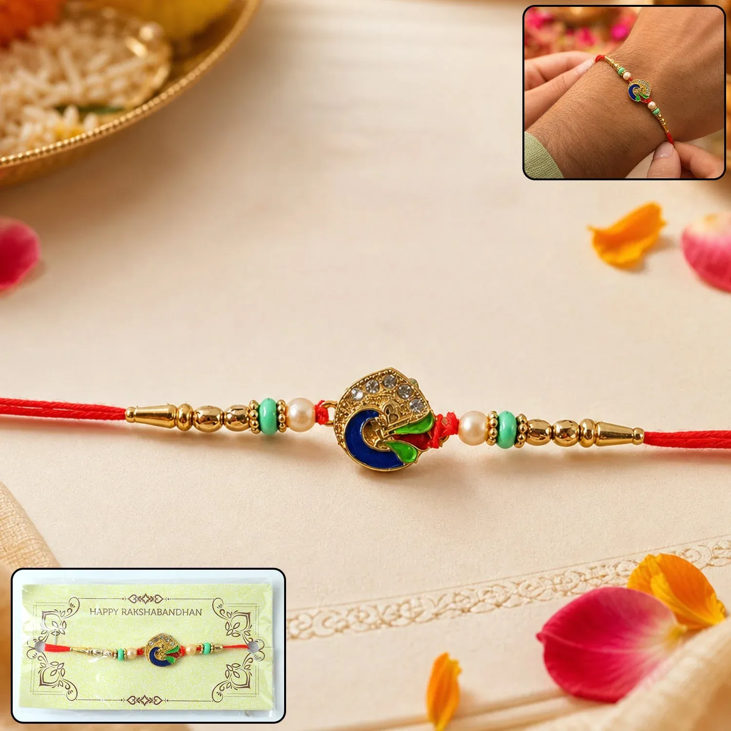 Premium Peacock Designer Rakhi – Pearl Beads & Traditional Charm - Buy Online at Alikart