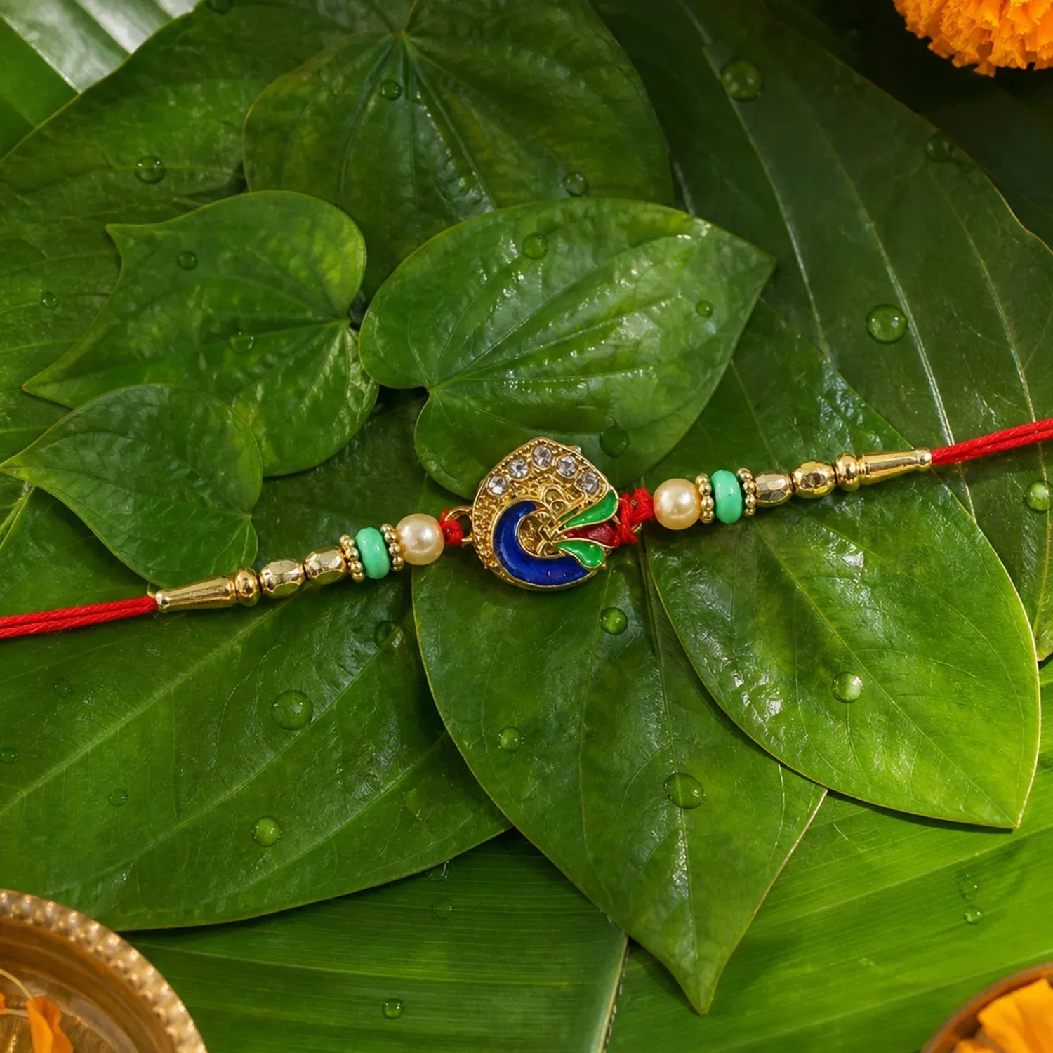 Peacock Designer Rakhi – Pearl Beads & Traditional Charm - Detailed Feature View 2