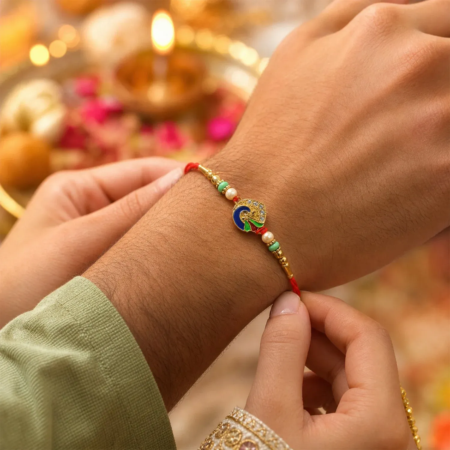 Peacock Designer Rakhi – Pearl Beads & Traditional Charm - Detailed Feature View 1