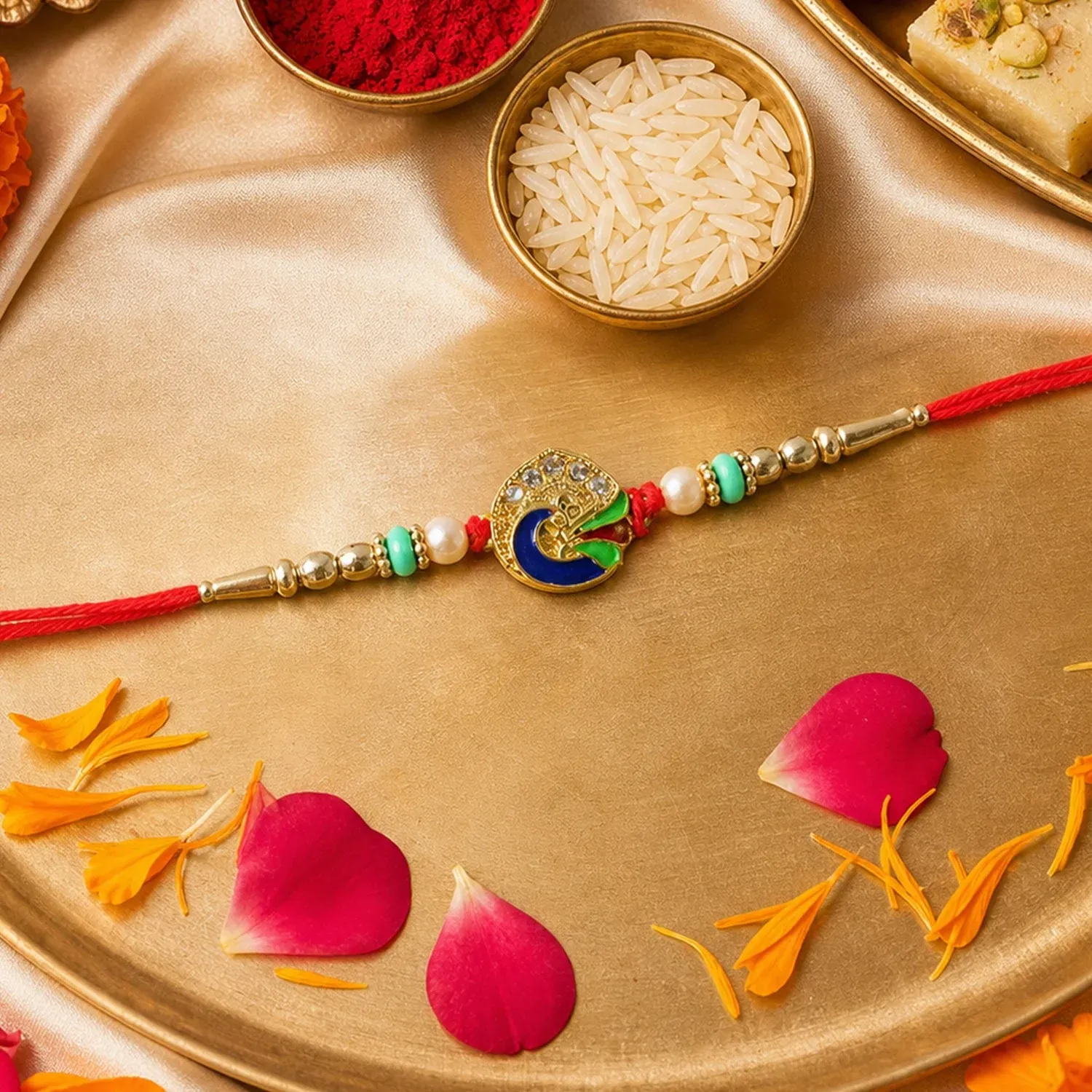 Peacock Designer Rakhi – Pearl Beads & Traditional Charm - Detailed Feature View 3