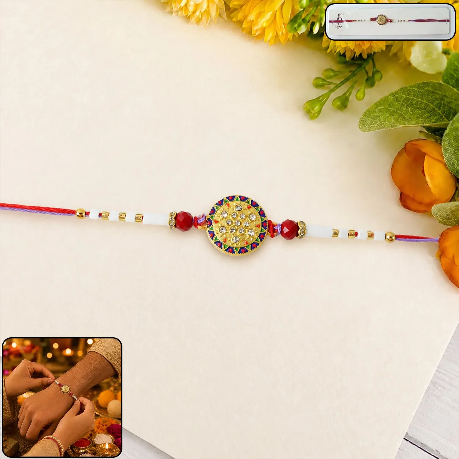 Premium Round Stone Rakhi – Elegant White Beads for Rakshabandhan - Buy Online at Alikart