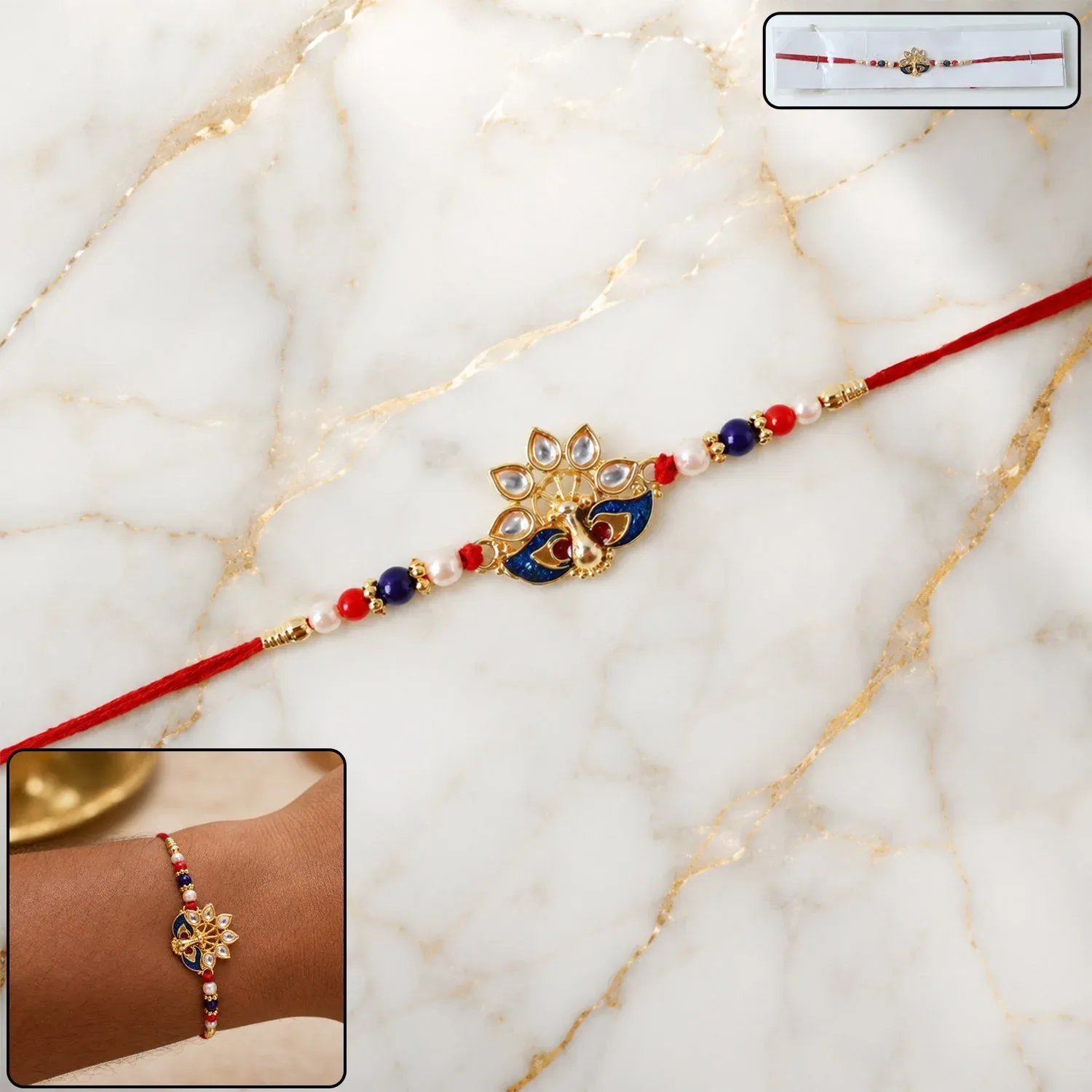 Premium Peacock Rakhi – Elegant Pearl Beads & Bright Red Thread - Buy Online at Alikart