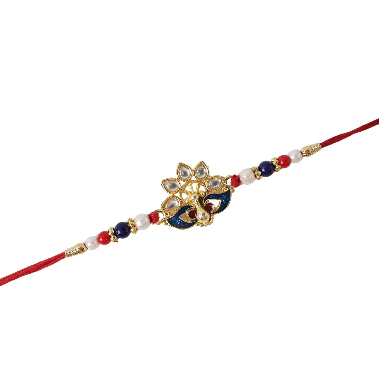 Peacock Rakhi – Elegant Pearl Beads & Bright Red Thread - Detailed Feature View 4