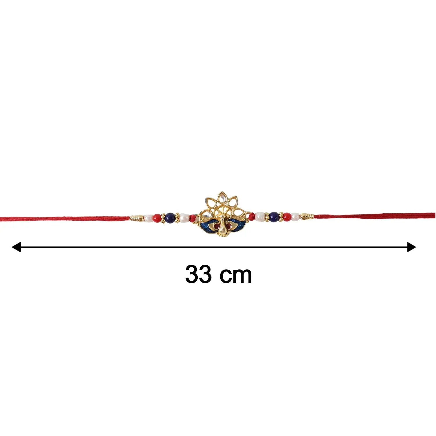 Peacock Rakhi – Elegant Pearl Beads & Bright Red Thread - Detailed Feature View 5