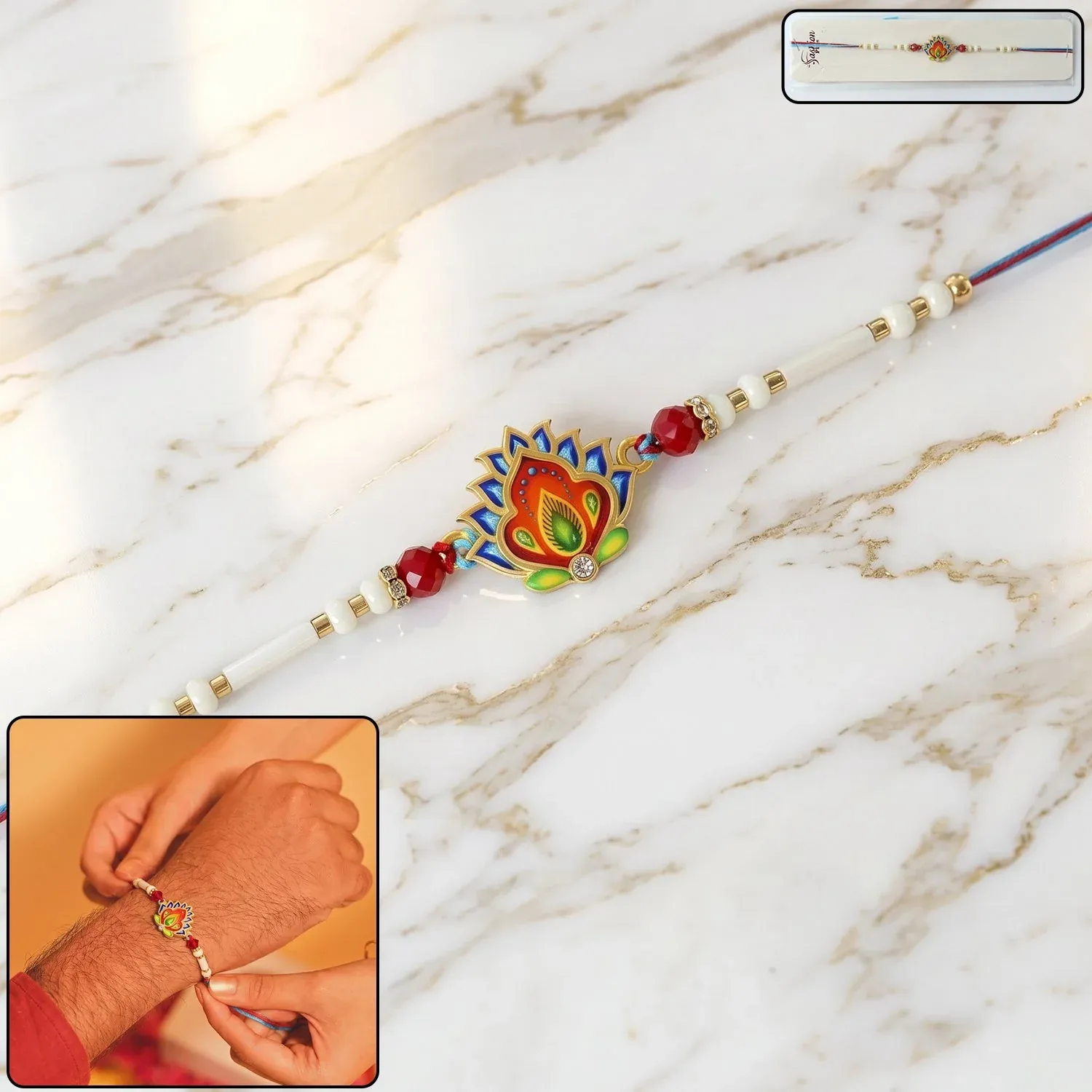 Premium Peacock Feather Rakhi – Festive Beads & Elegant Design - Buy Online at Alikart