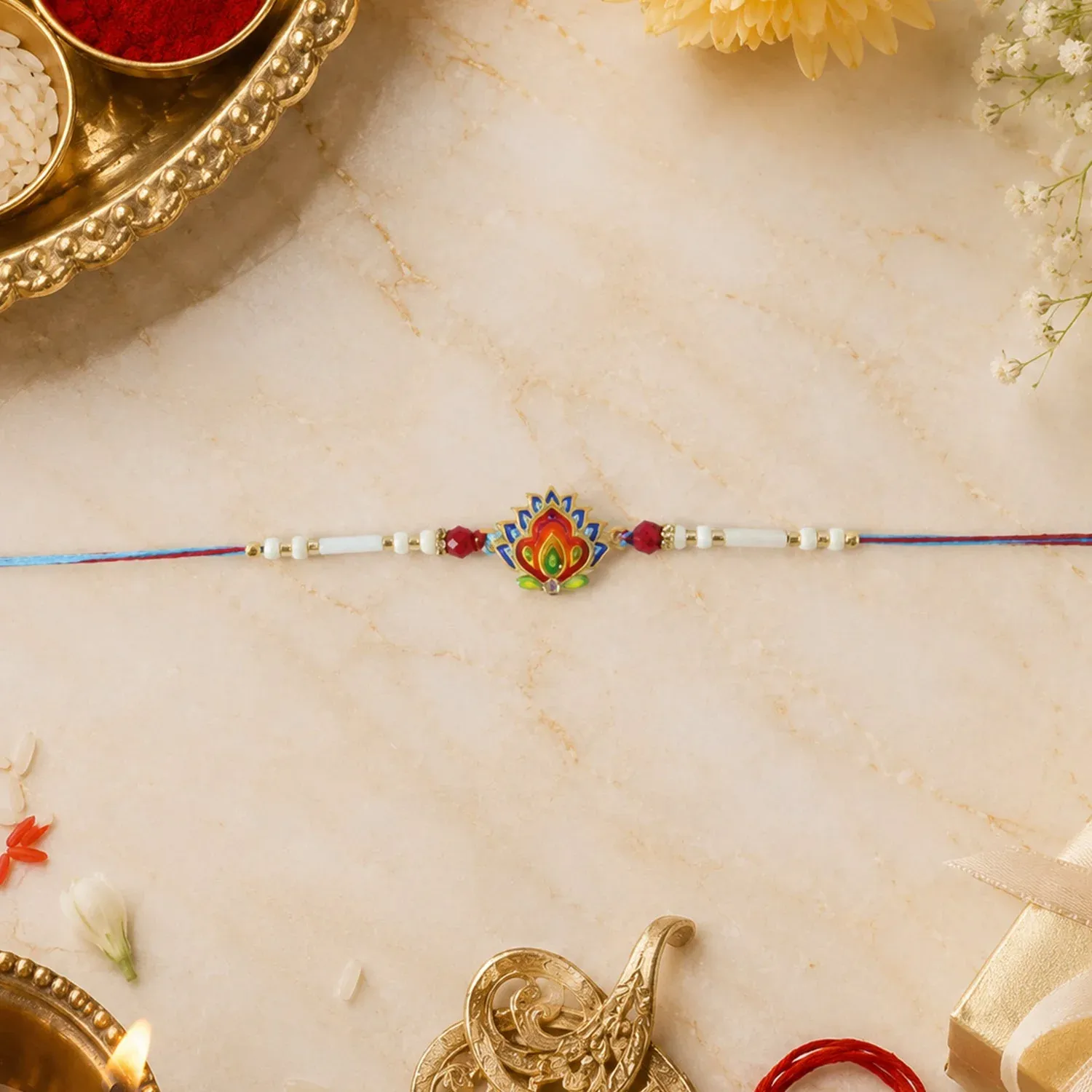 Peacock Feather Rakhi – Festive Beads & Elegant Design - Detailed Feature View 1