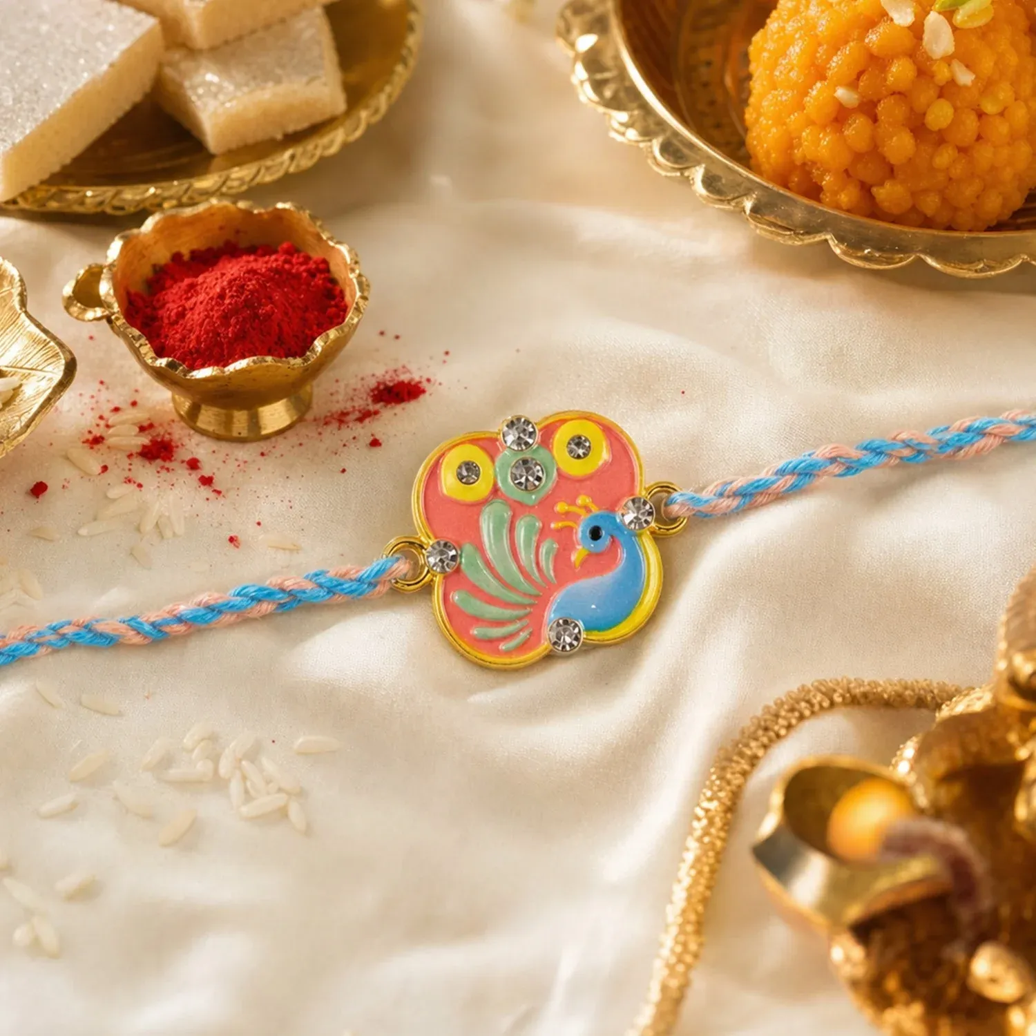 Peacock Rakhi – Elegant Designer Thread for Siblings' Festival - Detailed Feature View 3