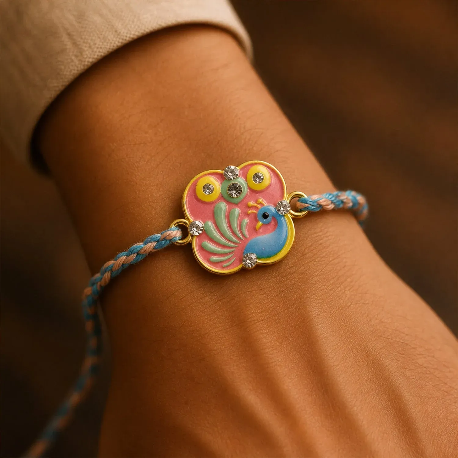 Peacock Rakhi – Elegant Designer Thread for Siblings' Festival - Detailed Feature View 1
