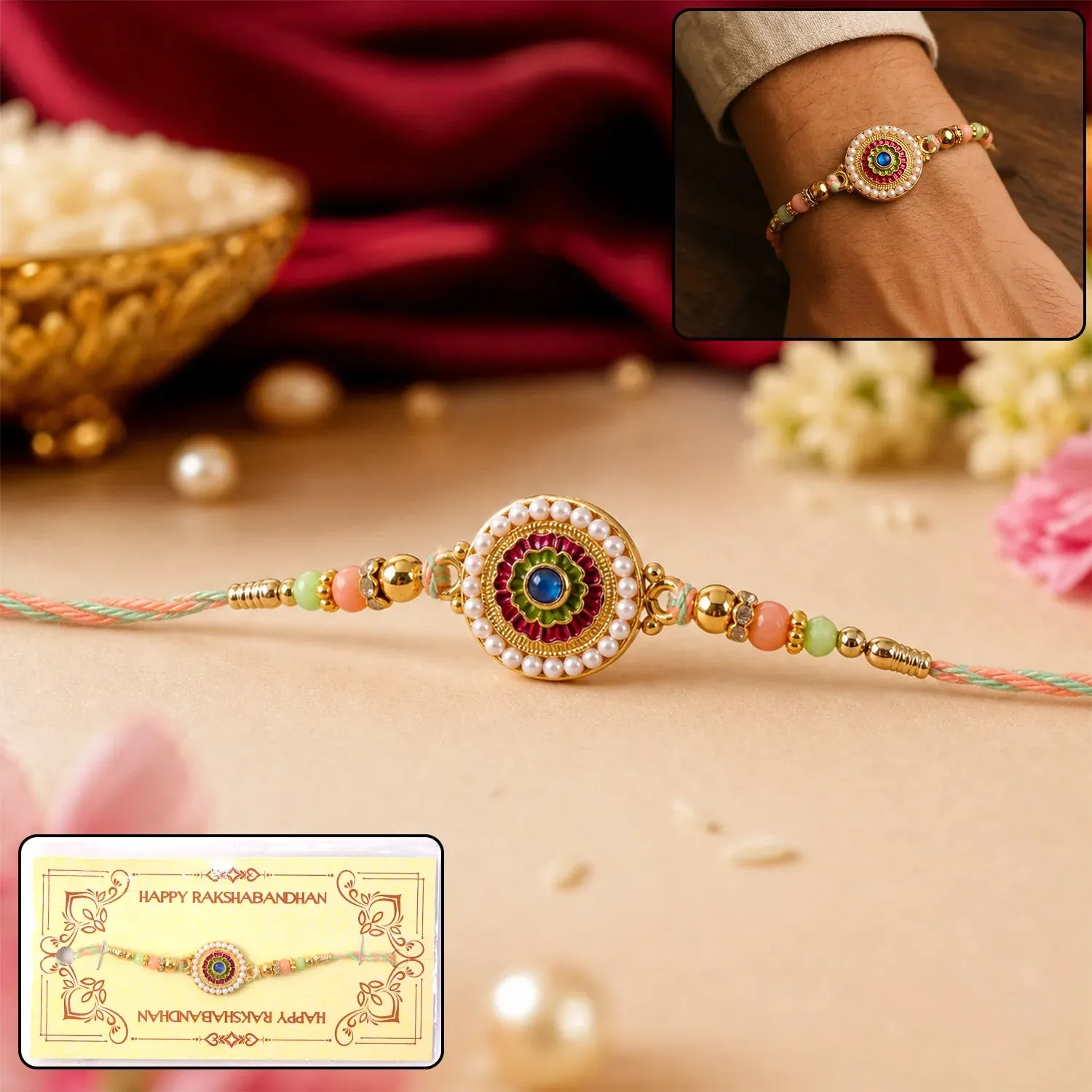 Premium Pearl Rakhi – Elegant Beaded Floral Design for Brothers - Buy Online at Alikart