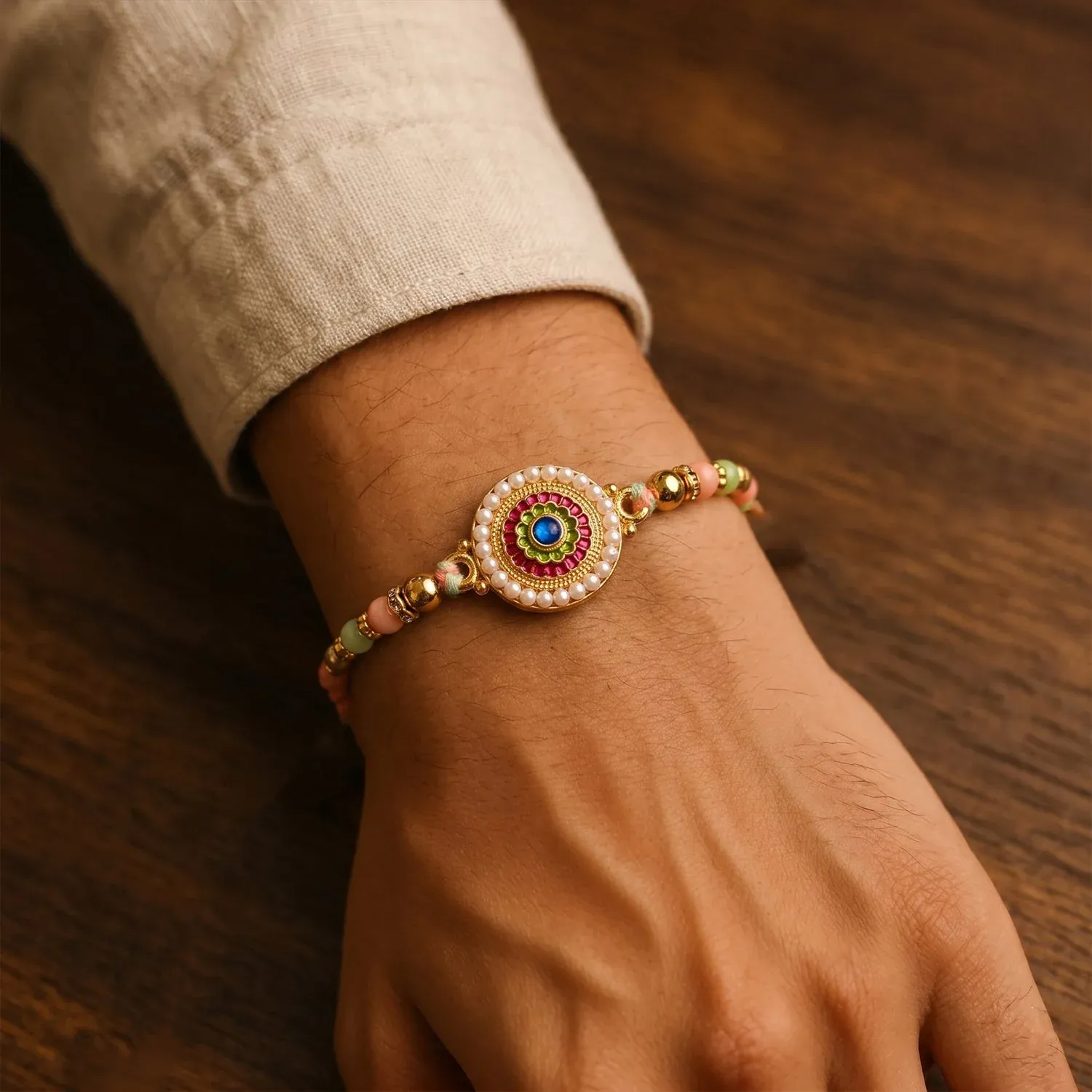 Pearl Rakhi – Elegant Beaded Floral Design for Brothers - Detailed Feature View 2