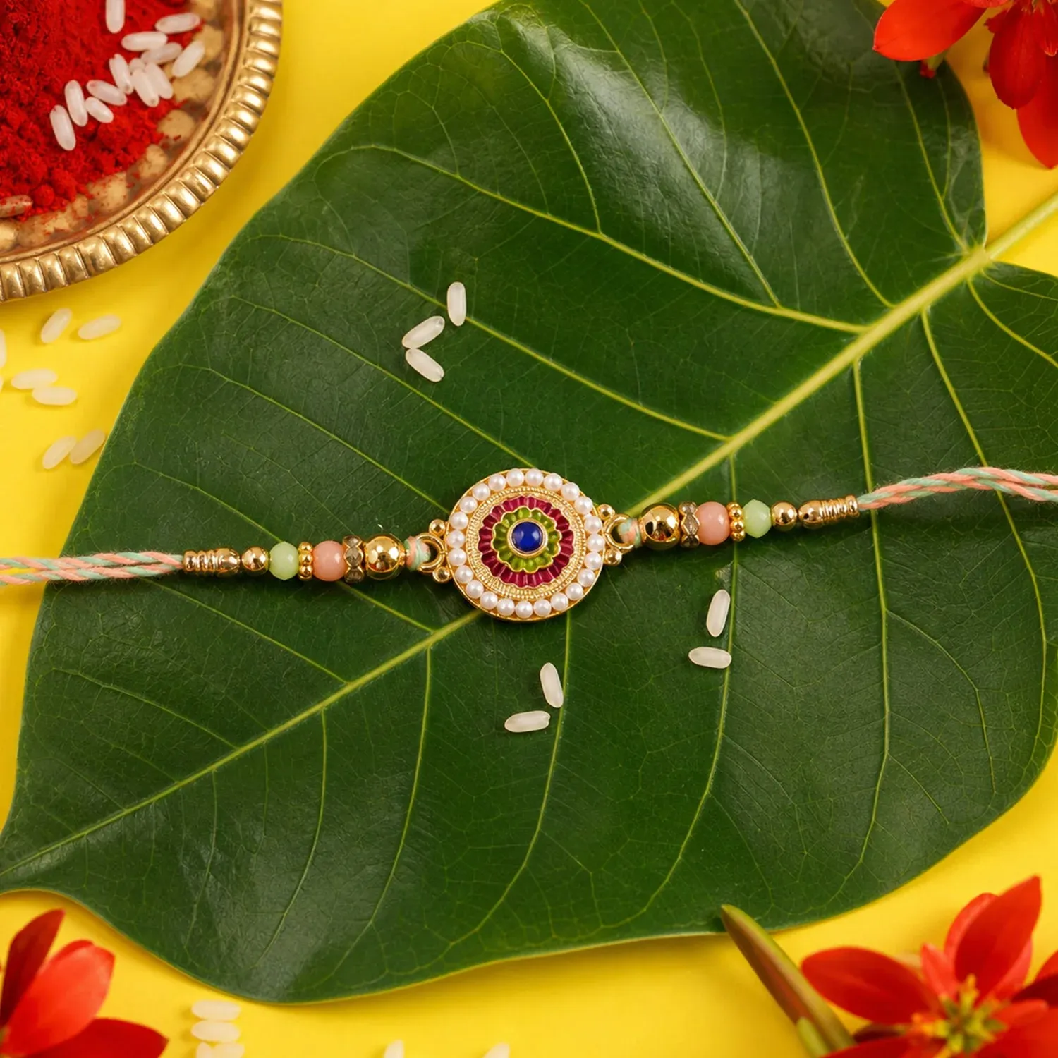 Pearl Rakhi – Elegant Beaded Floral Design for Brothers - Detailed Feature View 1