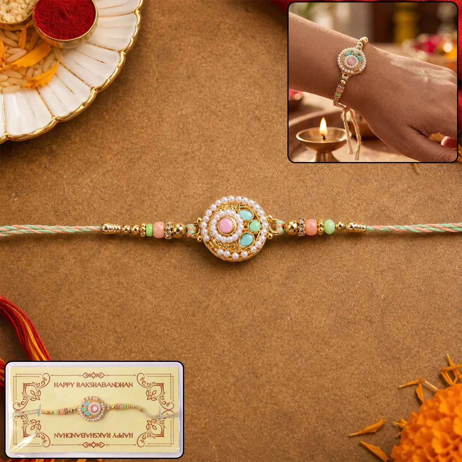 Premium Pastel Pearl Beads Rakhi – Elegant Sibling Festival Accessory - Buy Online at Alikart