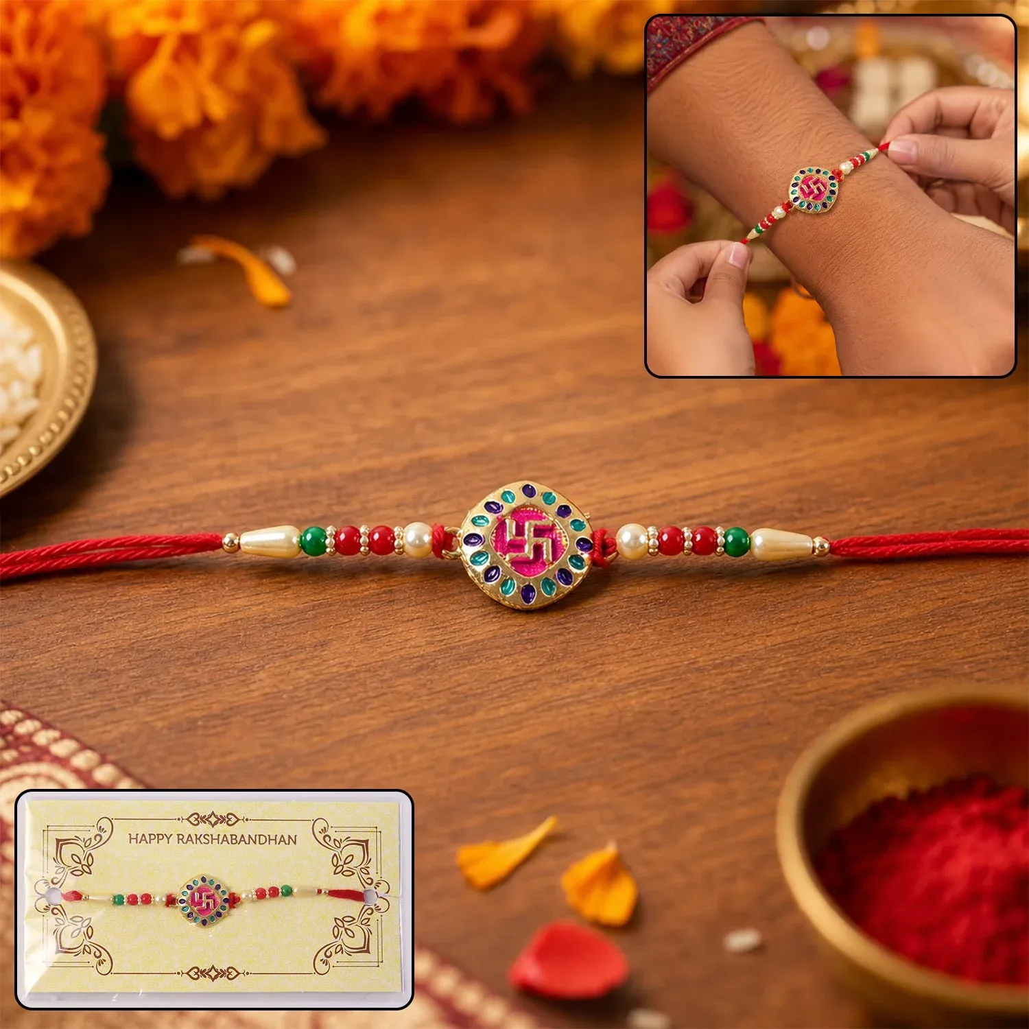Premium Auspicious Swastik Rakhi – Traditional & Stylish Beaded Design - Buy Online at Alikart