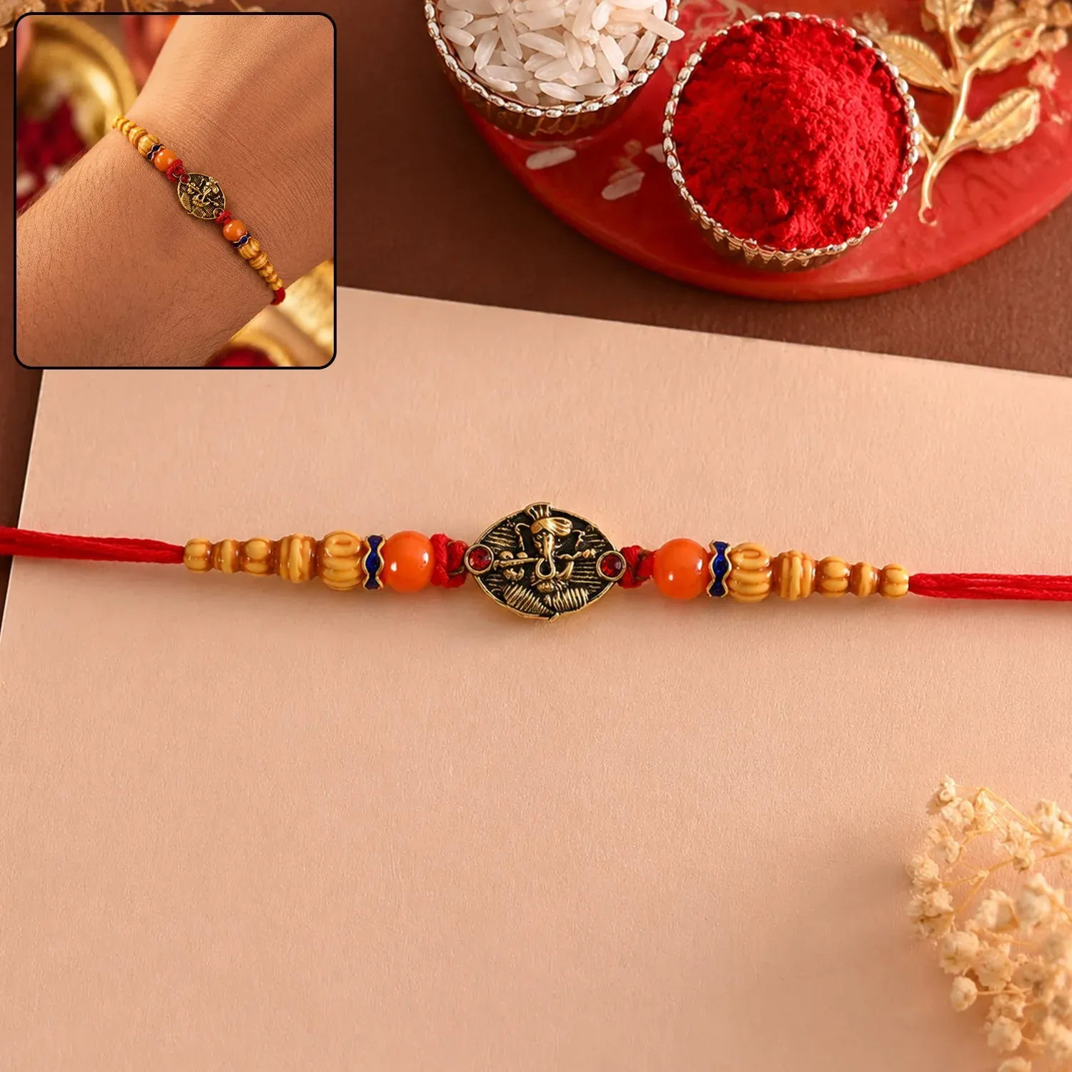 Premium Rakhi – Traditional Wooden Beads with Divine Charm for Siblings - Buy Online at Alikart