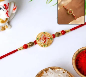 Golden Swastik Rakhi – Elegant Beaded Festive Thread