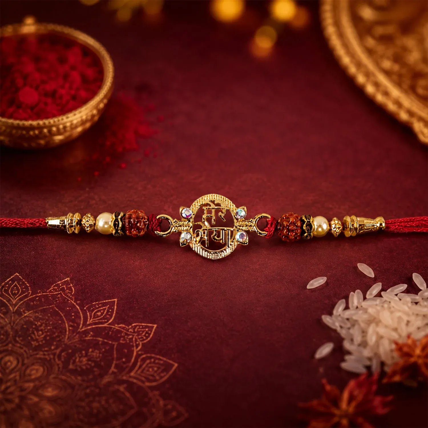 Pearl Rudraksha Rakhi – Elegant Brother's Friendship Wristband - Detailed Feature View 2