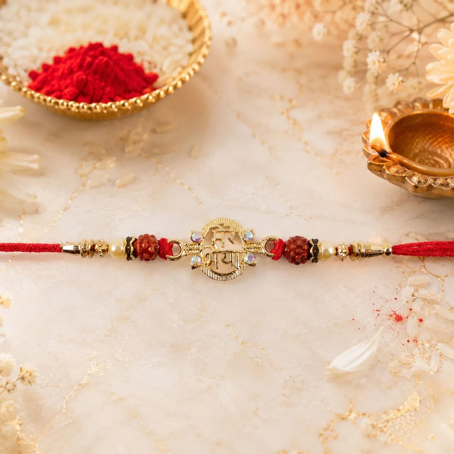 Pearl Rudraksha Rakhi – Elegant Brother's Friendship Wristband - Detailed Feature View 3