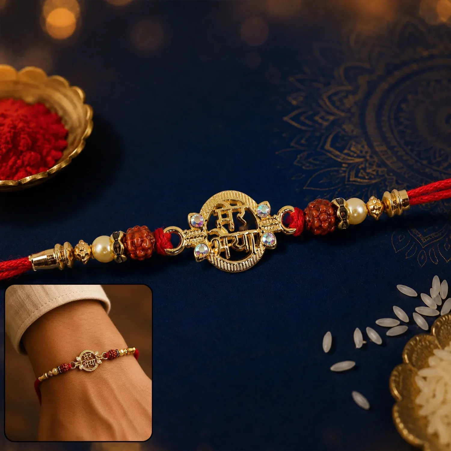 Premium Pearl Rudraksha Rakhi – Elegant Brother's Friendship Wristband - Buy Online at Alikart