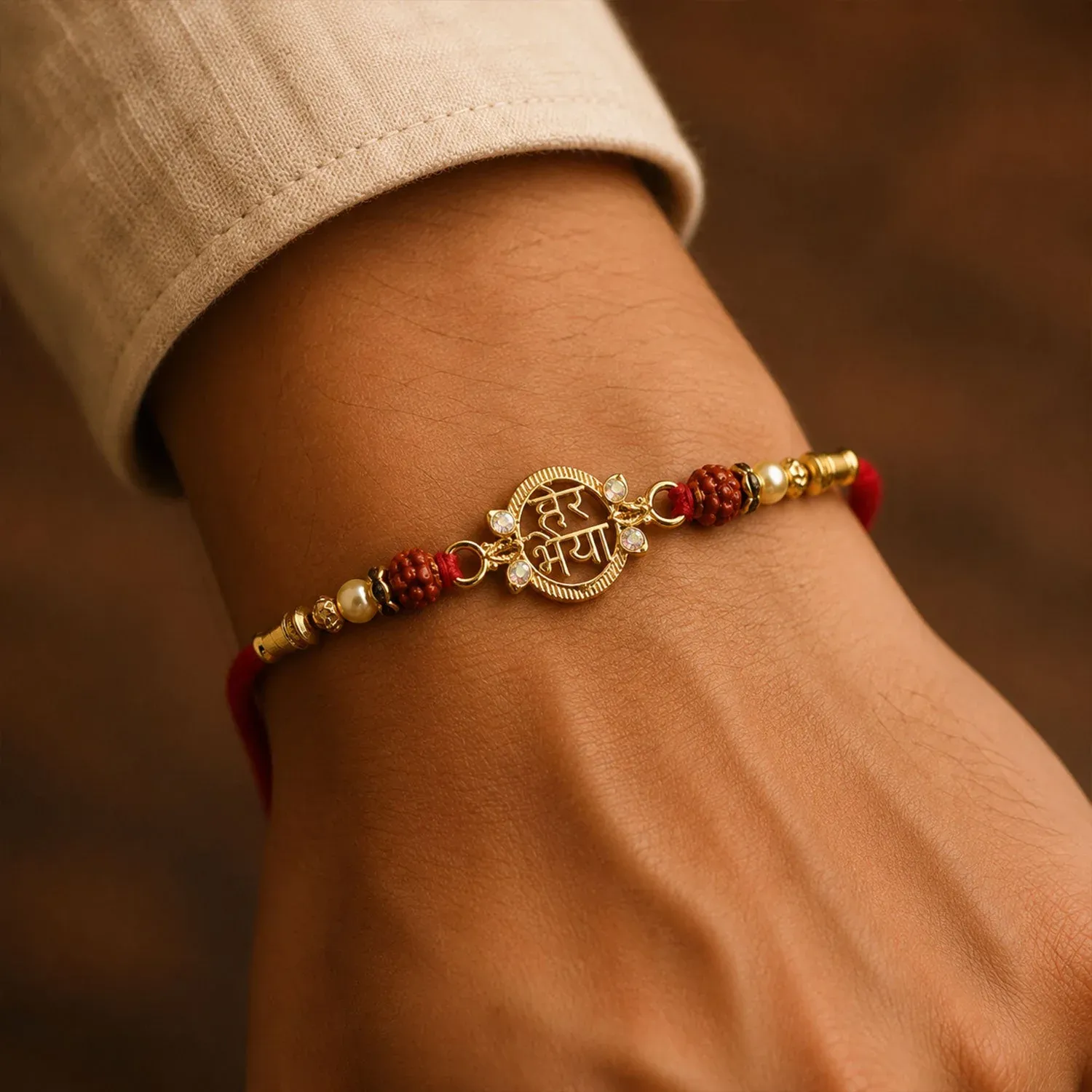 Pearl Rudraksha Rakhi – Elegant Brother's Friendship Wristband - Detailed Feature View 1