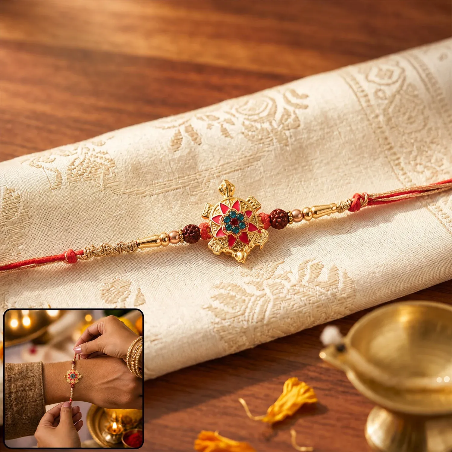 Premium Rakshabandhan Tortoise Flower Stone Rakhi – Elegant Sister Gift - Buy Online at Alikart