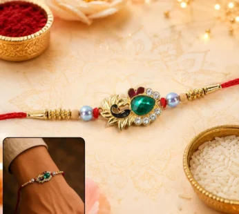 Peacock Emerald Stone Rakhi – Elegant with Pearl Beads for Brothers