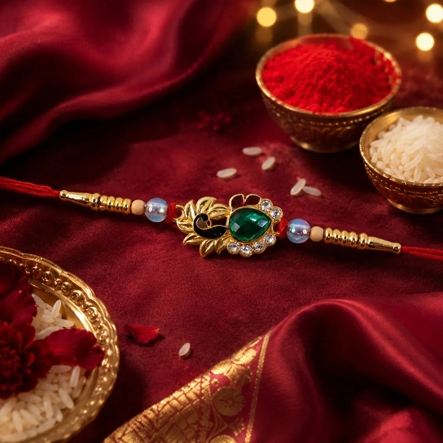 Peacock Emerald Stone Rakhi – Elegant with Pearl Beads for Brothers - Detailed Feature View 1