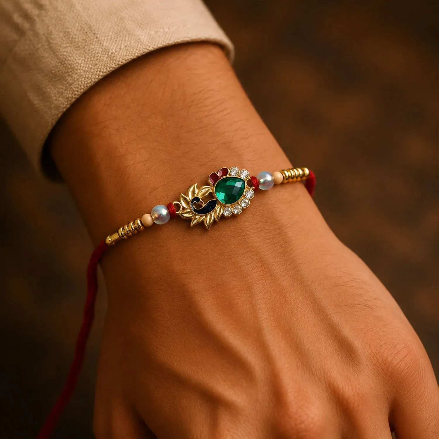 Peacock Emerald Stone Rakhi – Elegant with Pearl Beads for Brothers - Detailed Feature View 2