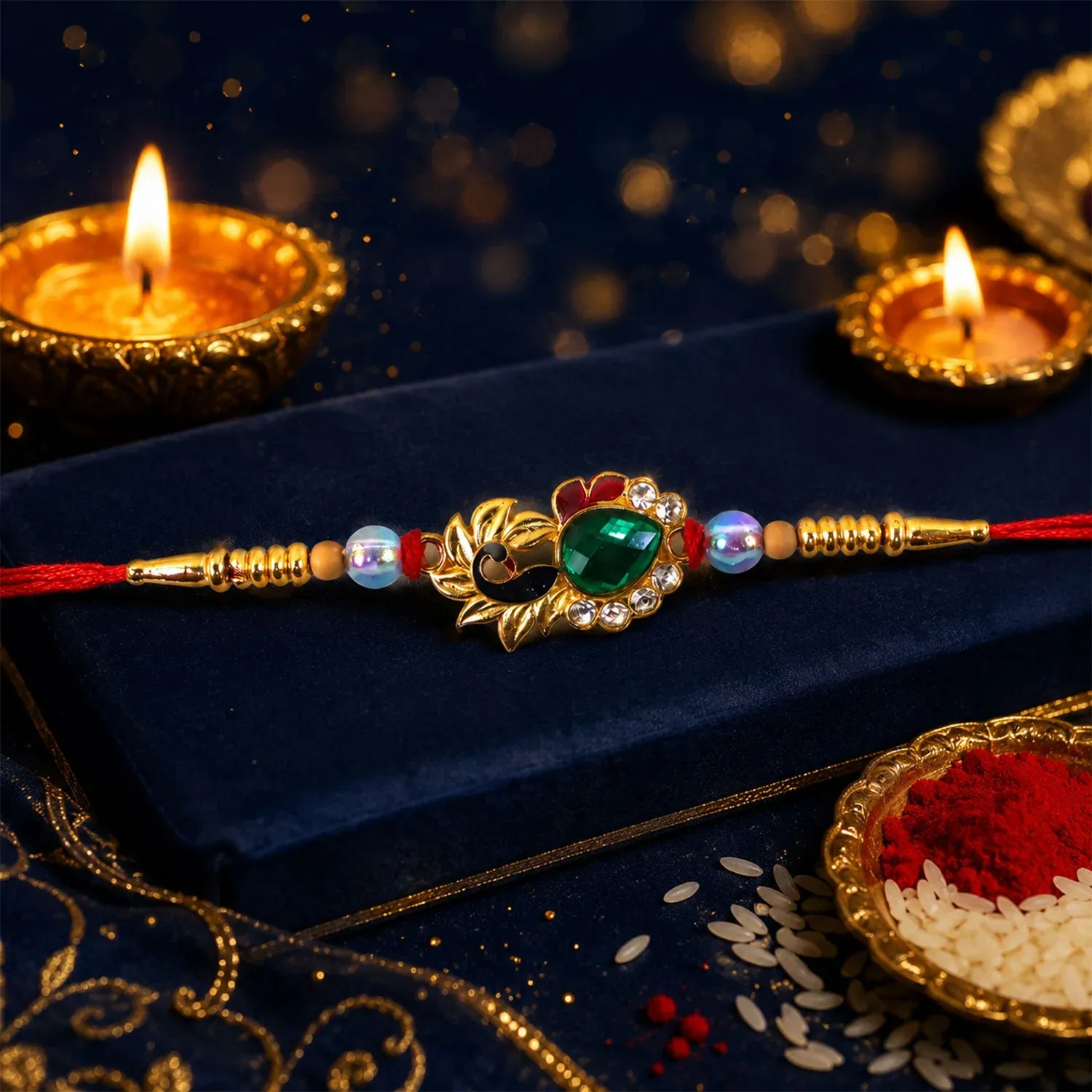 Peacock Emerald Stone Rakhi – Elegant with Pearl Beads for Brothers - Detailed Feature View 3