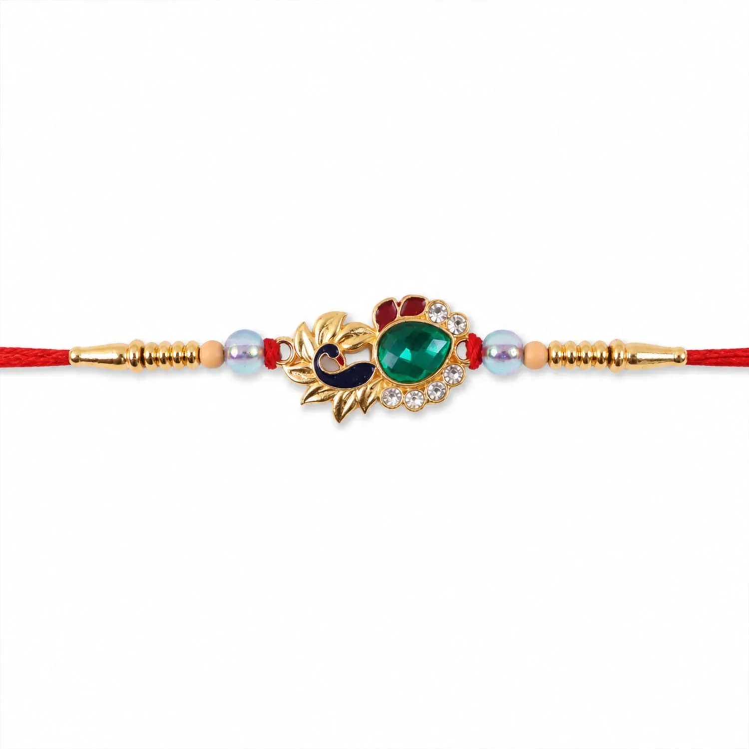 Peacock Emerald Stone Rakhi – Elegant with Pearl Beads for Brothers - Detailed Feature View 4