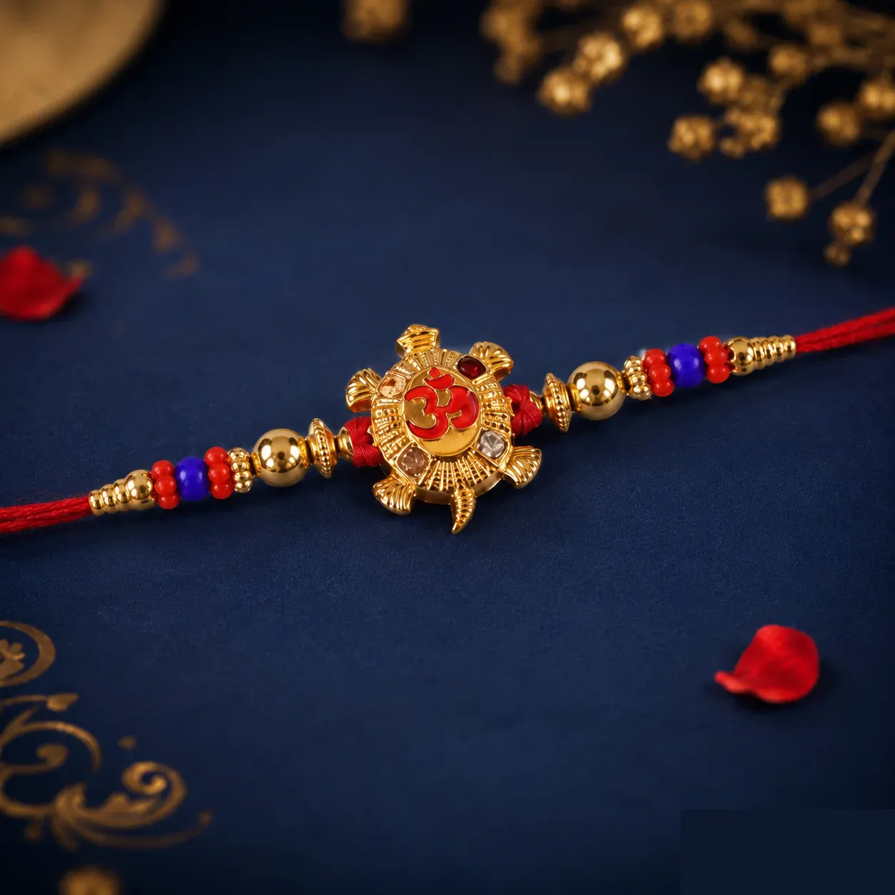 Rakhi – Gold Tortoise Om Meena Beaded Charm for Raksha Bandhan - Detailed Feature View 2