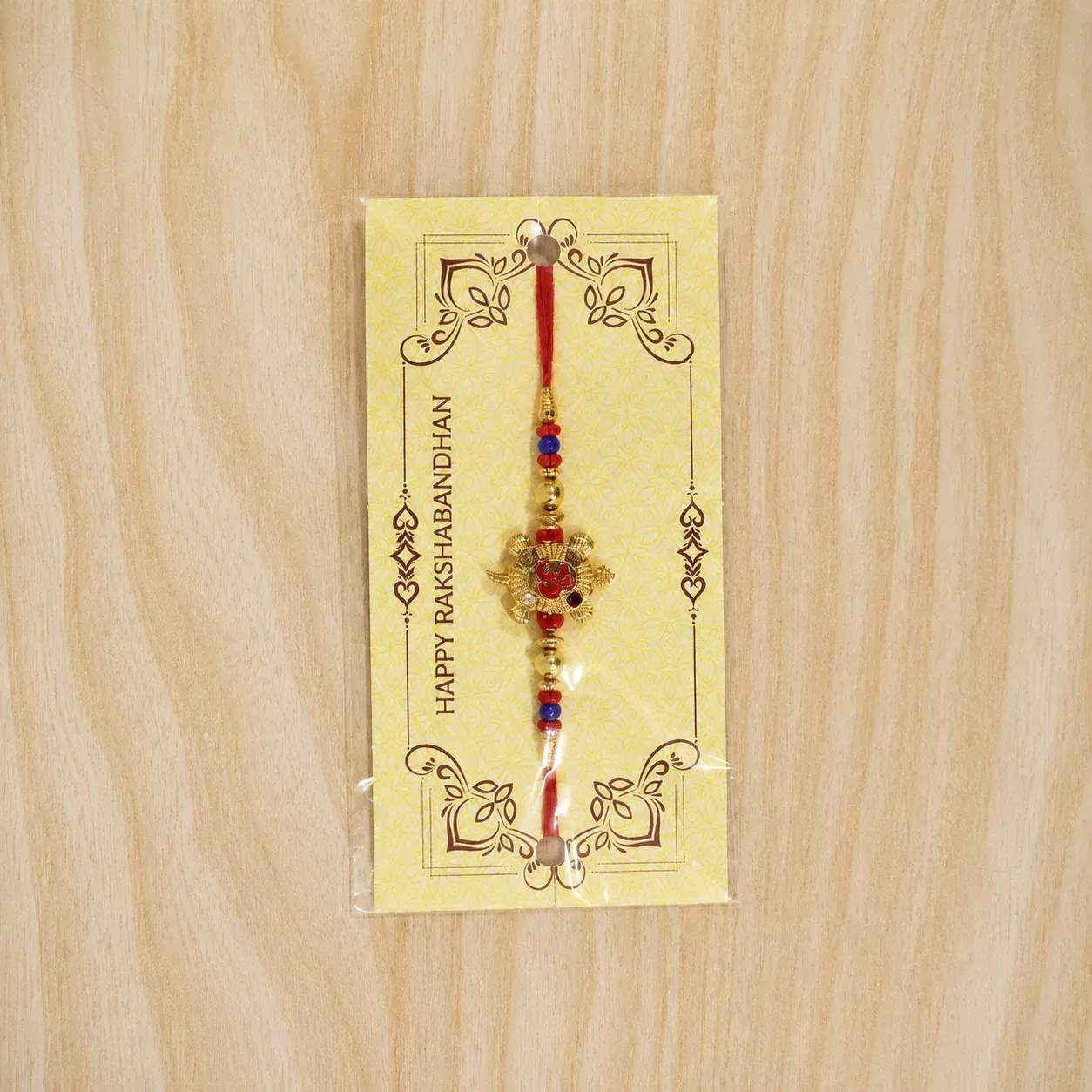 Rakhi – Gold Tortoise Om Meena Beaded Charm for Raksha Bandhan - Detailed Feature View 6