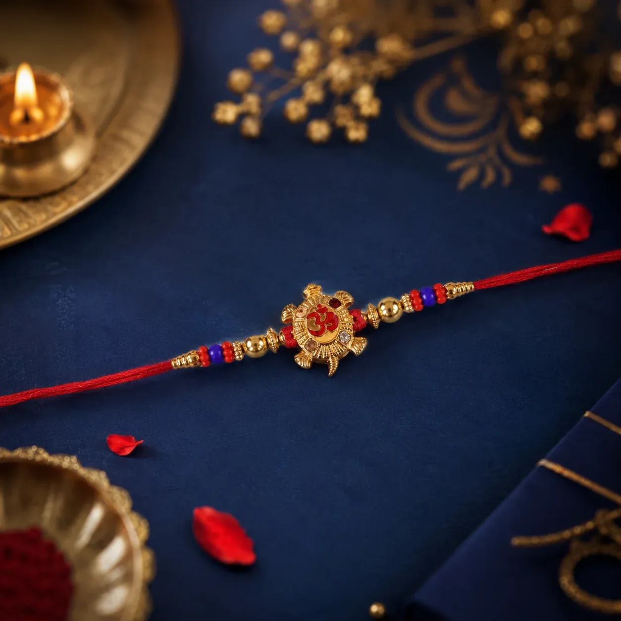 Rakhi – Gold Tortoise Om Meena Beaded Charm for Raksha Bandhan - Detailed Feature View 5
