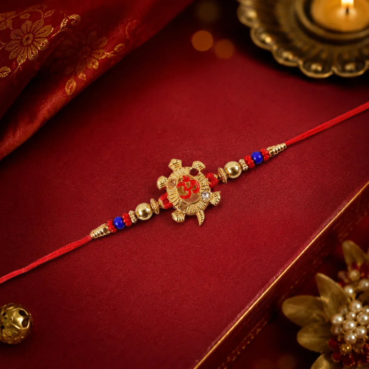 Rakhi – Gold Tortoise Om Meena Beaded Charm for Raksha Bandhan - Detailed Feature View 3