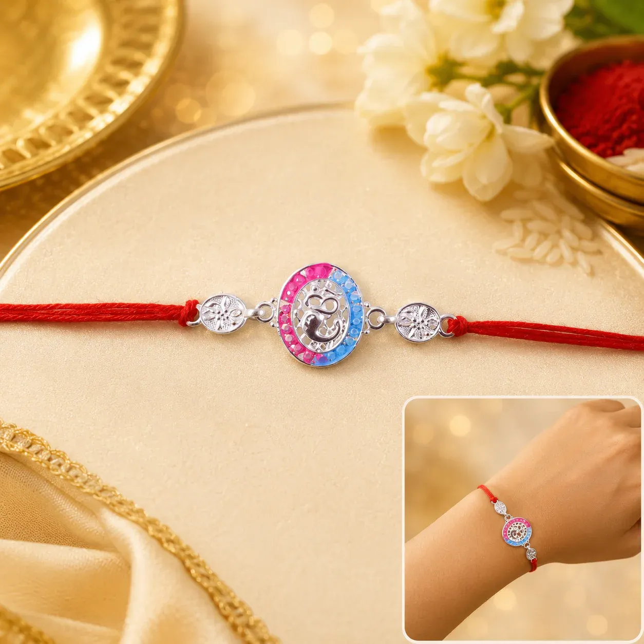 Premium Rakhi – Stylish Silver Round Stone with Dori for Brother - Buy Online at Alikart