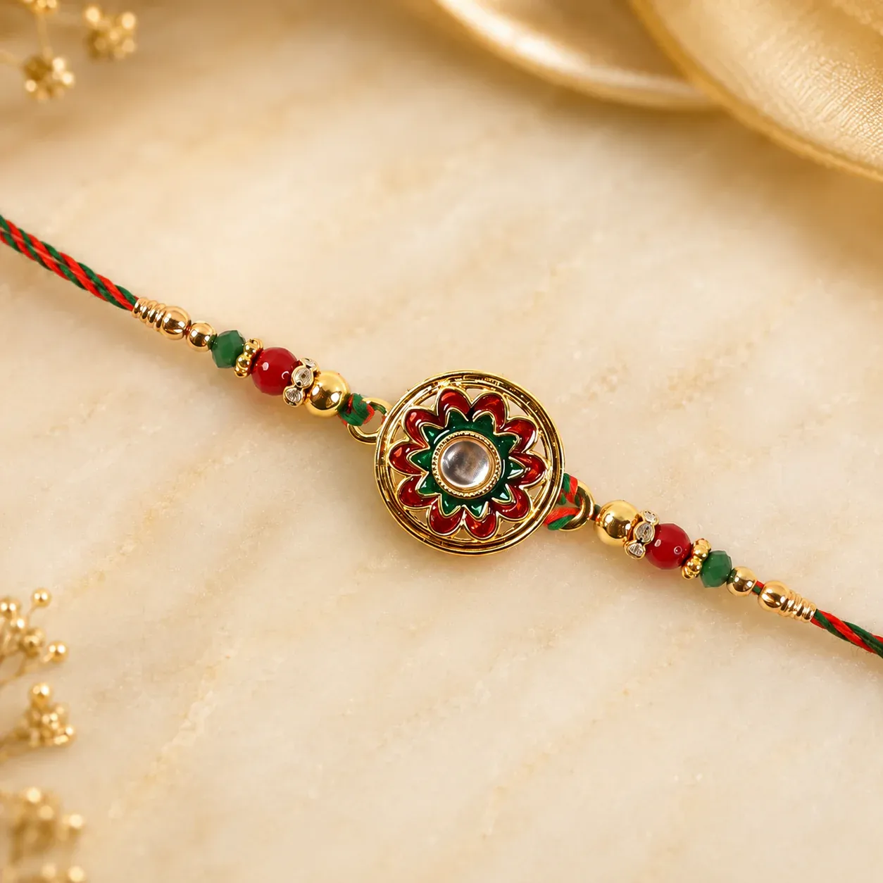 Rakhi – Stylish Golden Floral Design with Beads for Brothers - Detailed Feature View 2