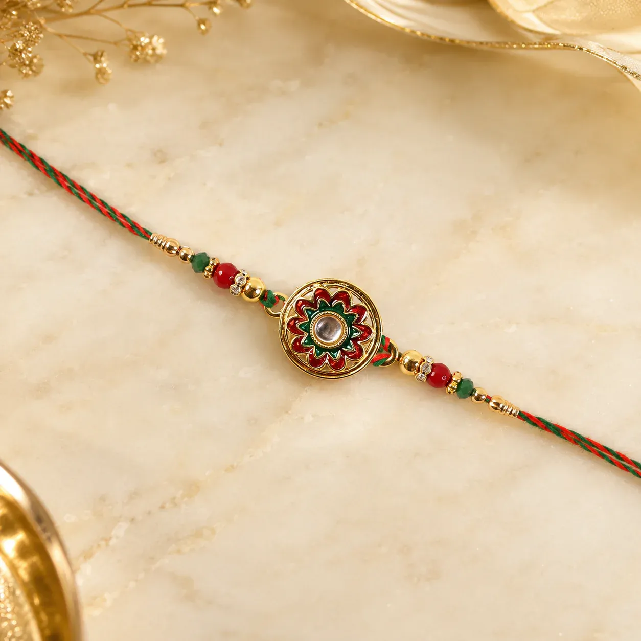 Rakhi – Stylish Golden Floral Design with Beads for Brothers - Detailed Feature View 5