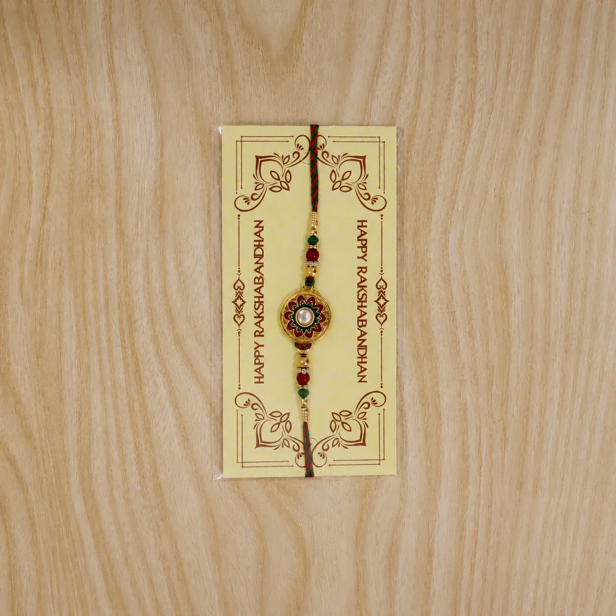 Rakhi – Stylish Golden Floral Design with Beads for Brothers - Detailed Feature View 6