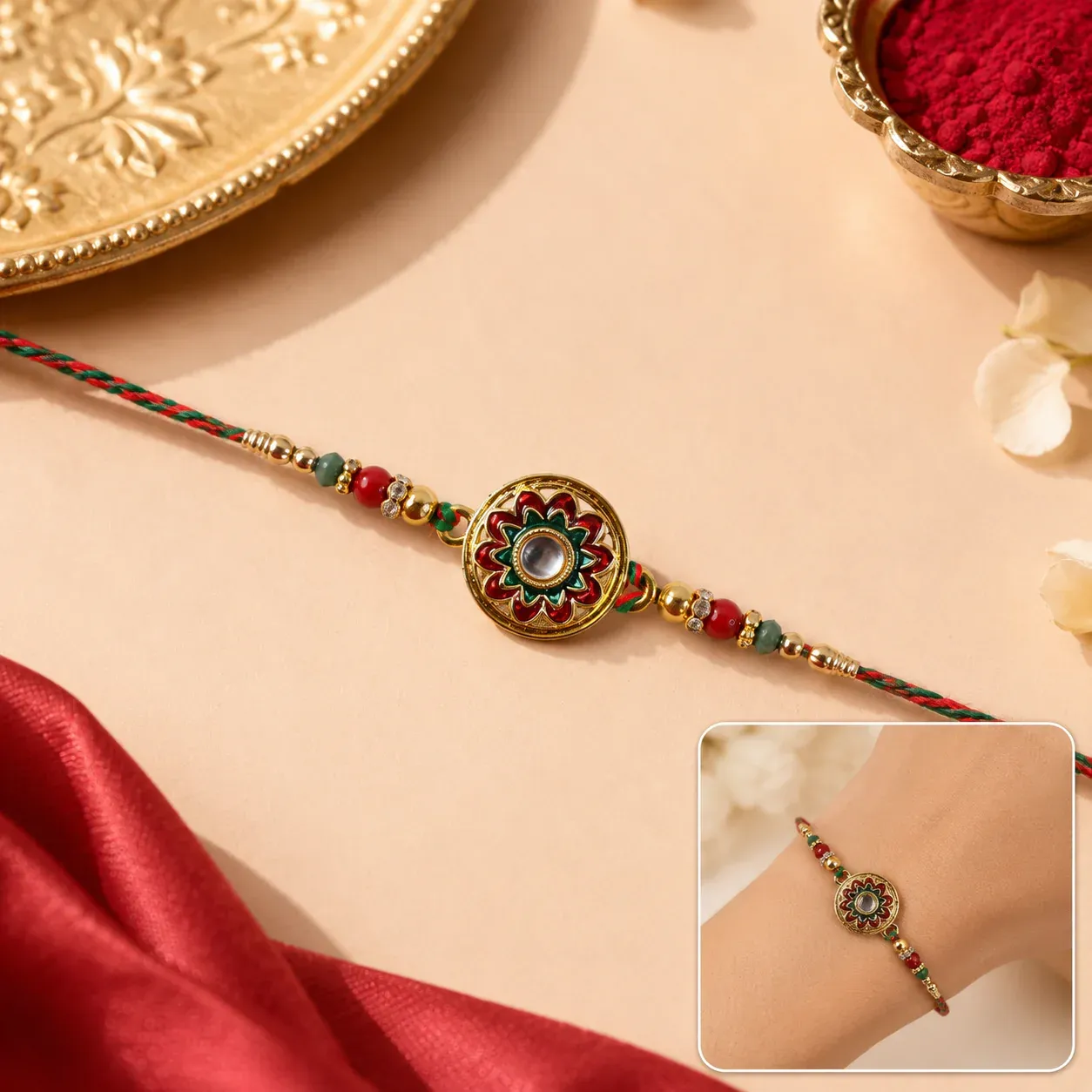 Premium Rakhi – Stylish Golden Floral Design with Beads for Brothers - Buy Online at Alikart