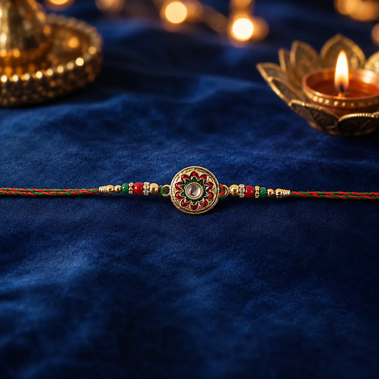 Rakhi – Stylish Golden Floral Design with Beads for Brothers - Detailed Feature View 3