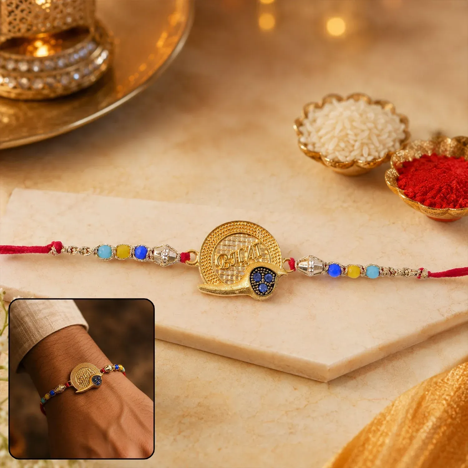 Premium Rakhi for Brother – Golden Bhai Text & Vibrant Beads for Festive Elegance - Buy Online at Alikart