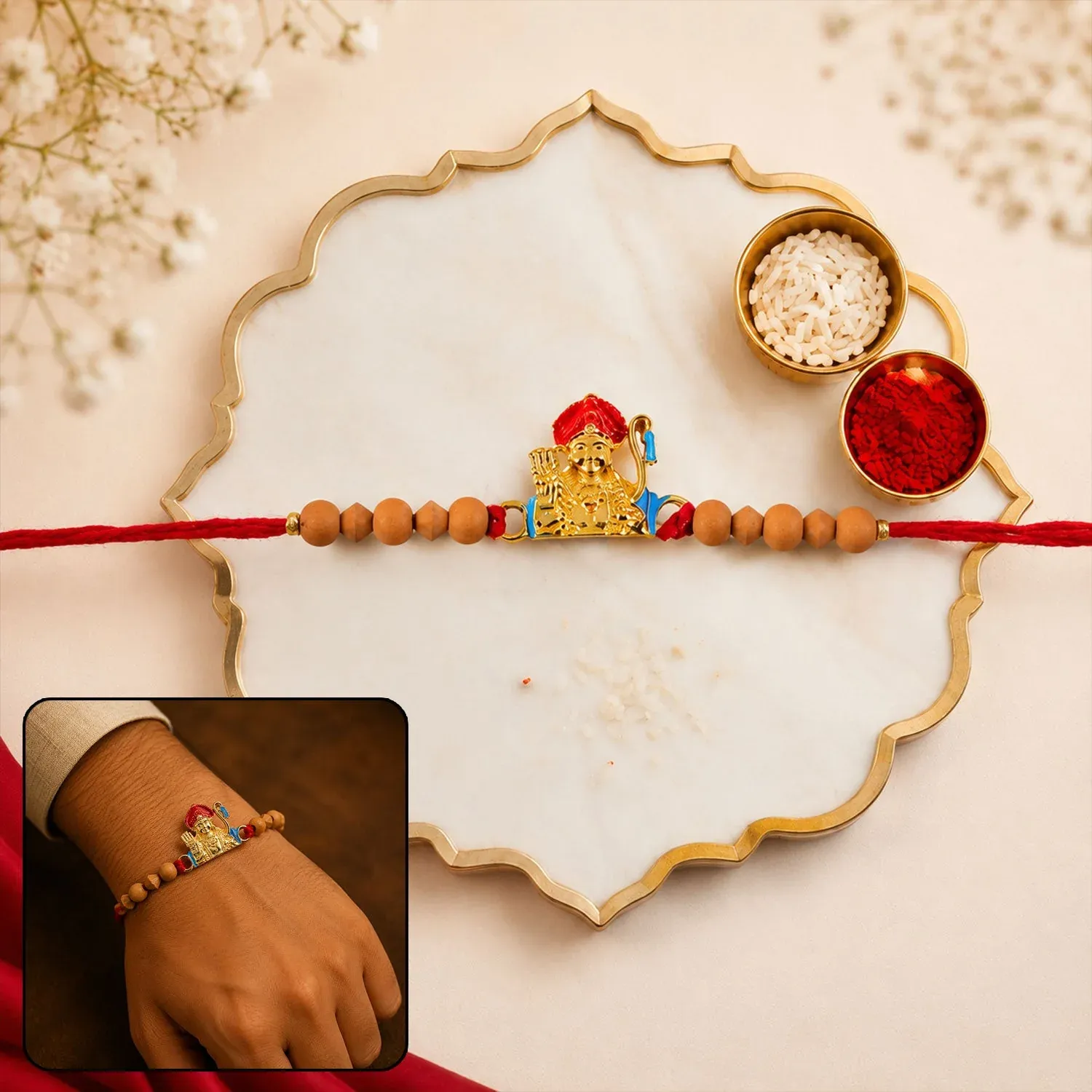 Premium Rakhi for Brother – Golden Deity with sandalwood beads and modern charm - Buy Online at Alikart