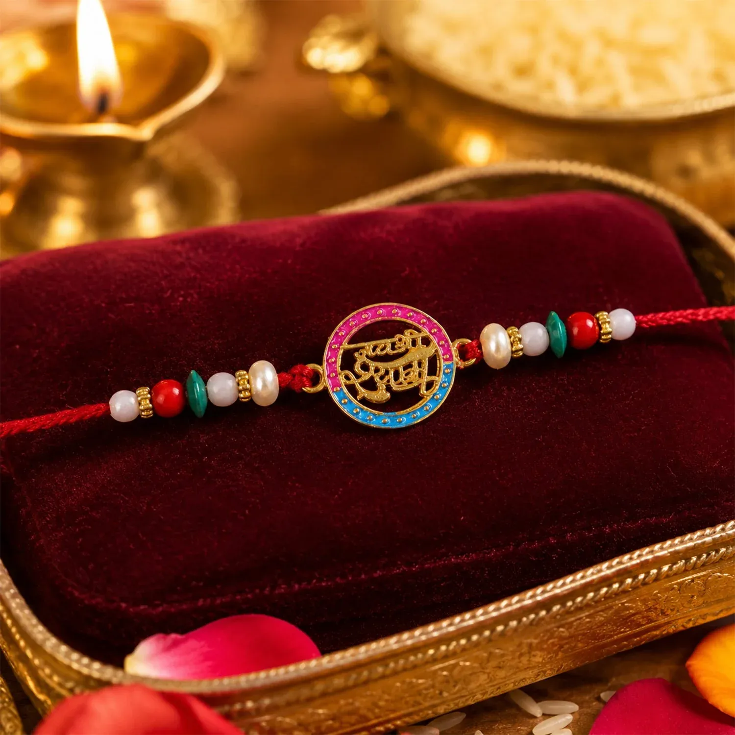 Rakhi – Traditional thread with pearls & divine Hindi text - Detailed Feature View 3