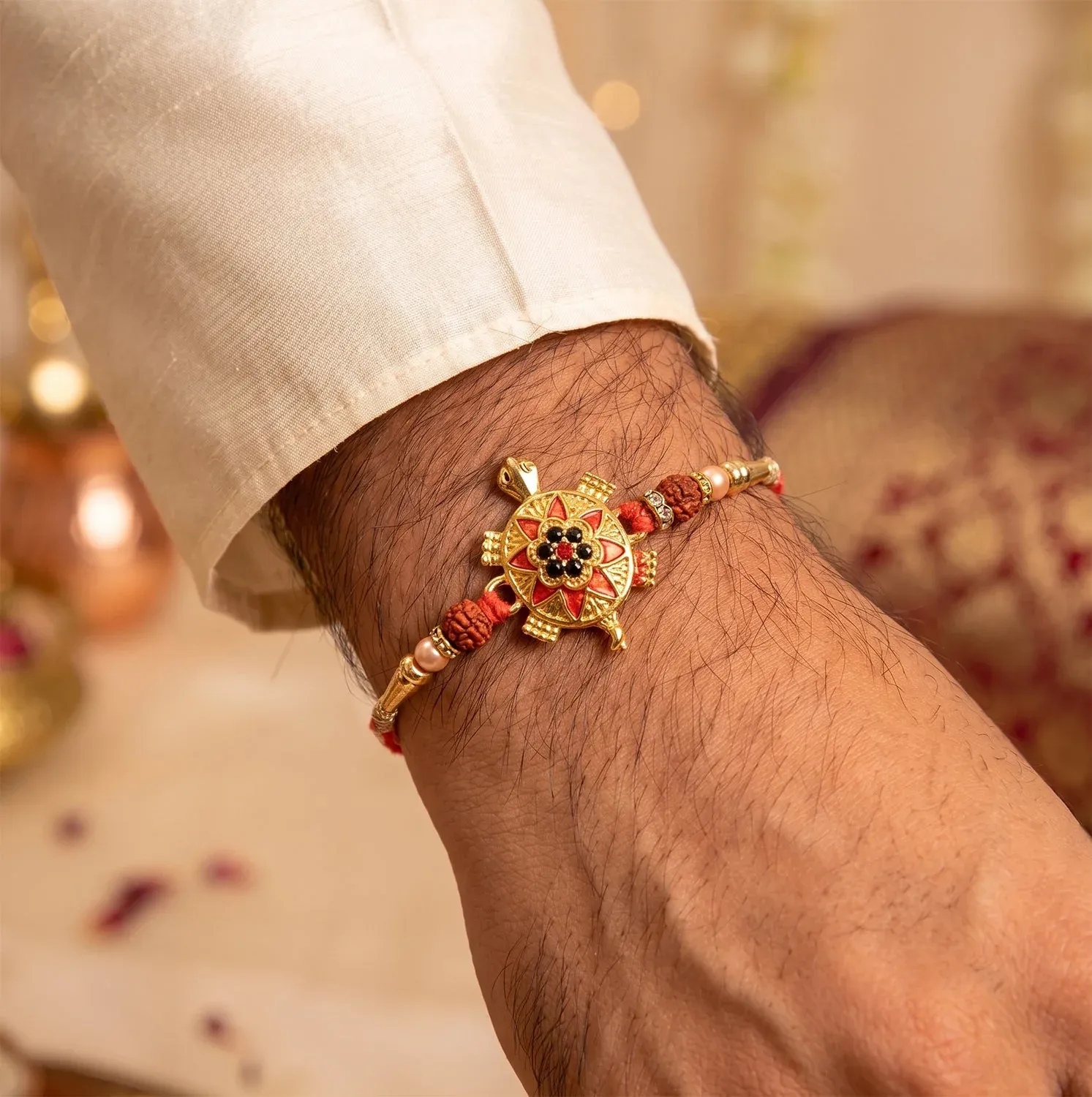 Golden Tortoise Rakhi – Auspicious OM Symbol with Stones - Detailed Feature View 1